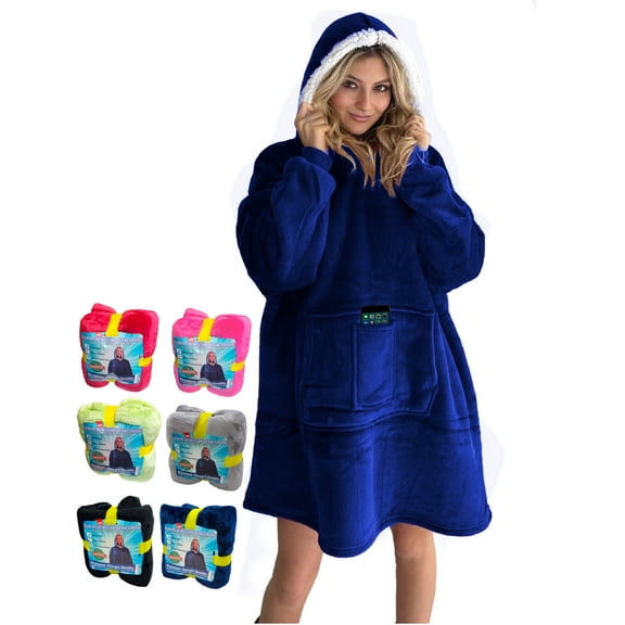 Oversized Sherpa Hoodie Sweatshirt - Warm Luxurious Fleece Microfiber Hoodie Blanket - Cozy, Reversible, Hooded, w/ Comfortable Large Pockets - Large Unisex Blue