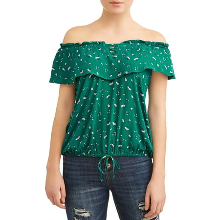 Ditsy Floral Top - Juniors' Ditsy Floral Print Ruffle Flouce Off the Shoulder Blouse