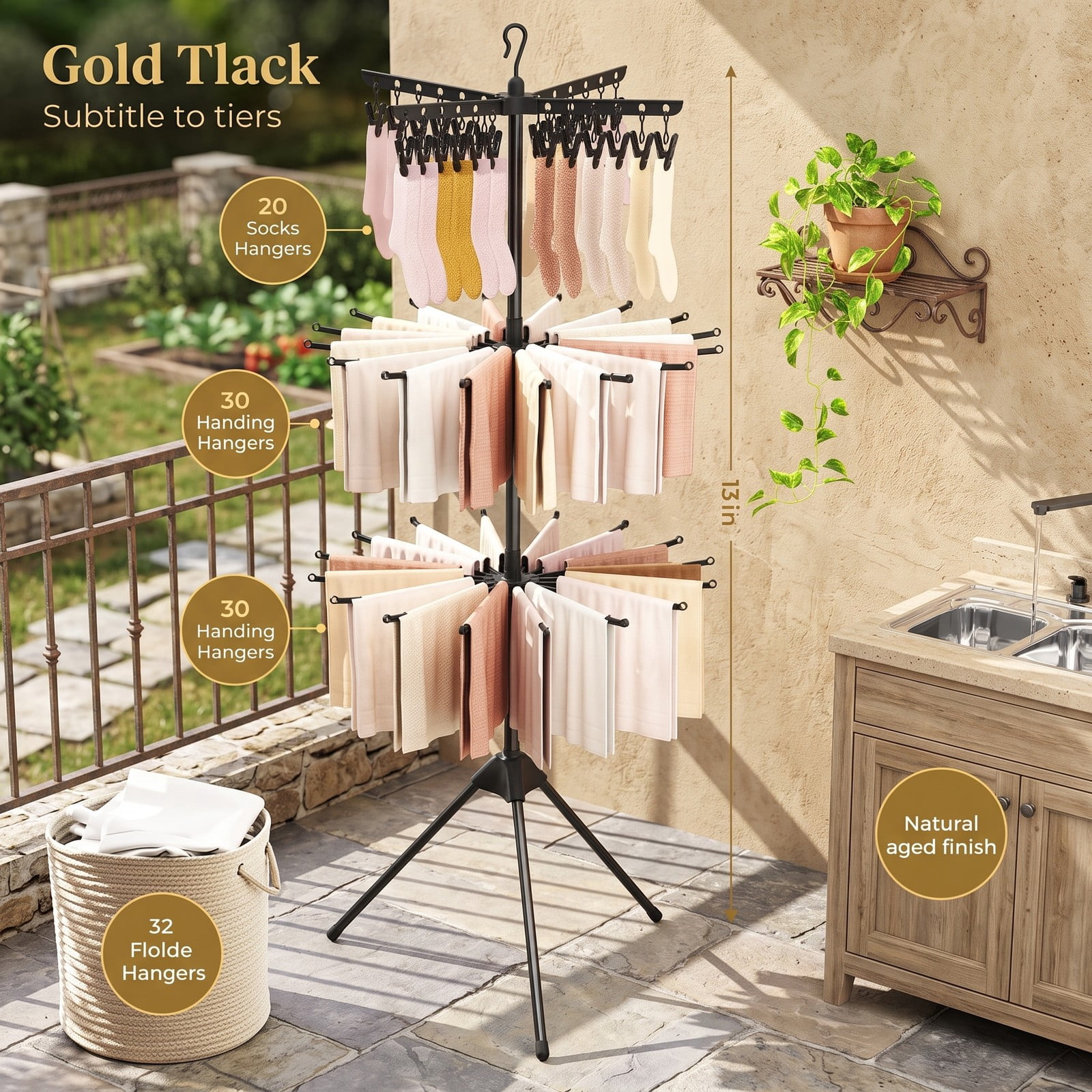 ALPULON 3-Tier Tripod Freestanding Folding Clothes Drying Rack with 24 Clips, 360 Rotating Arms, Detachable Top Hook, Windproof Buckles, Space-Saving Laundry, Black