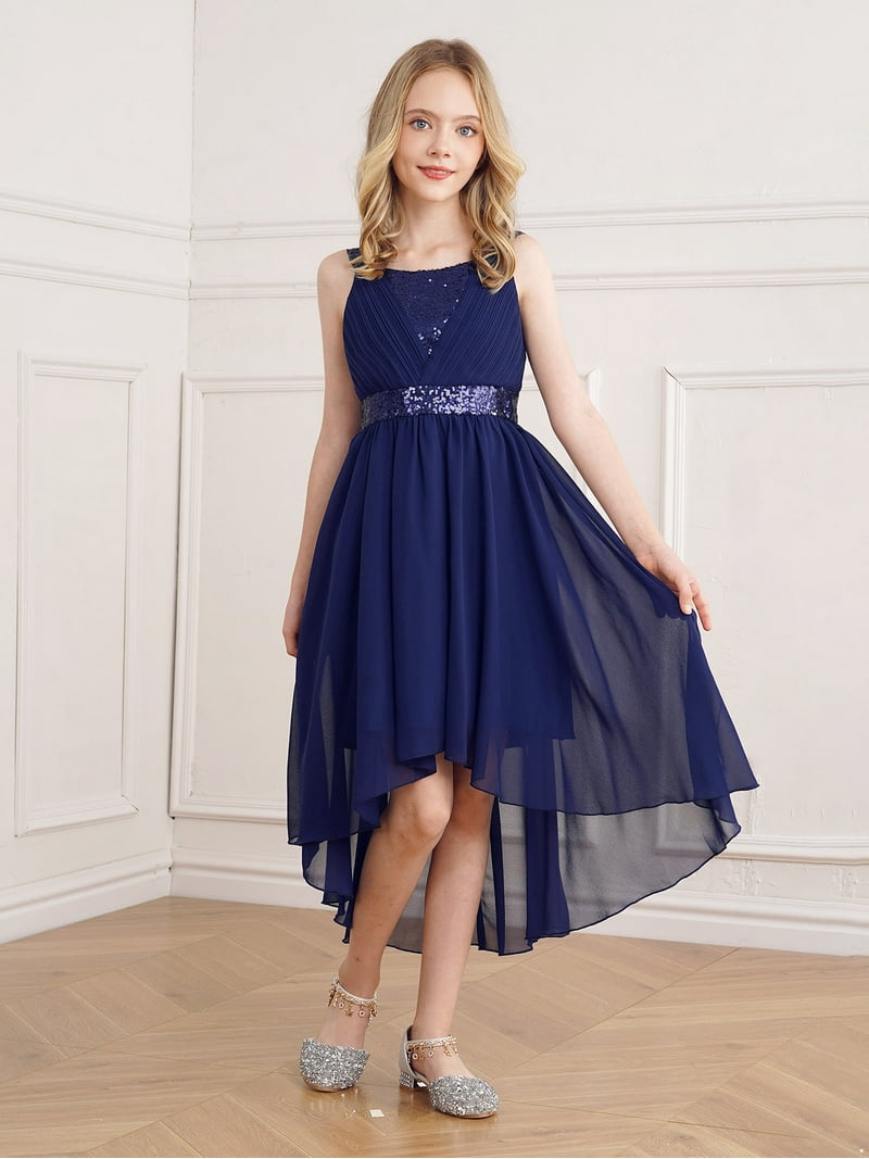 LiiYii Flower Girl Dress Kids Girls Sequins High Low Hem Party Dress Wedding Junior Bridesmaid Dresses Navy Blue 12
