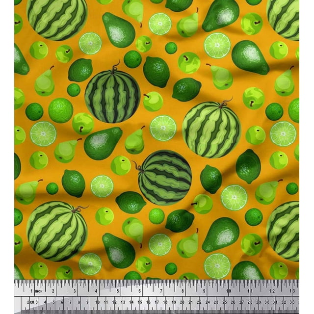 Soimoi Poly Georgette Fabric Pear,Lemon & Watermelon Fruits Printed Fabric 1 Yard 52 Inch Wide