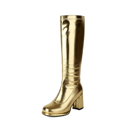 

Ediodpoh Boots Leather Knee High Platform Boots High Heeled Boots With Zip Up Booties for Women Gold 9