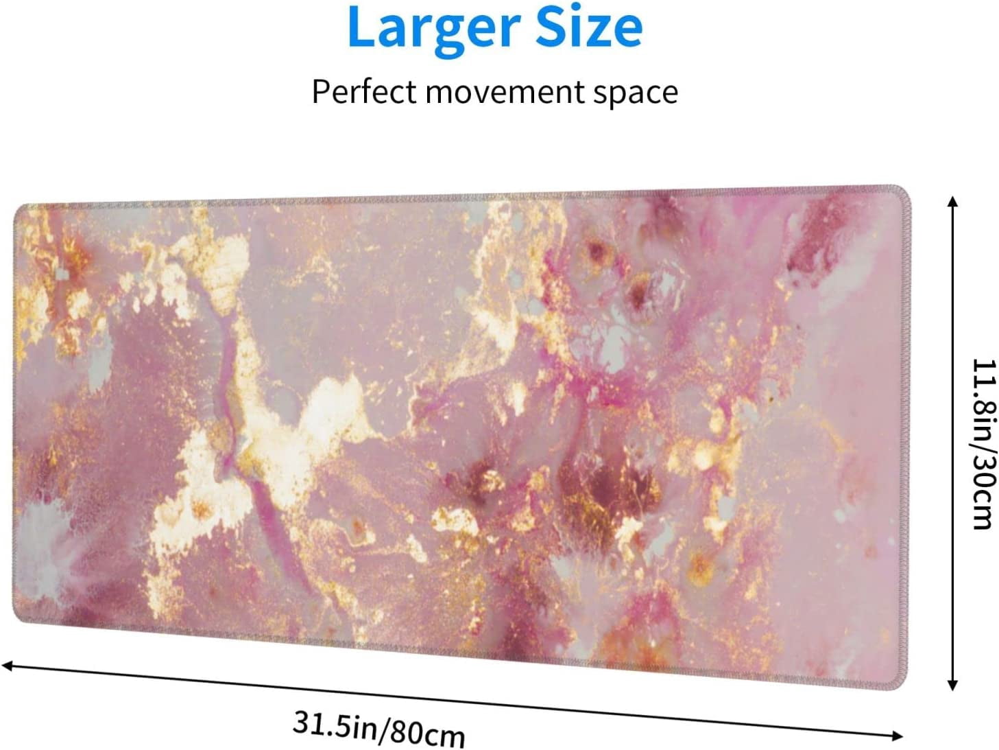 Large Mouse Pad for Desk Mat, Marble Gaming Mousepad, Laptop Pad, Big Extended Deskpad Keyboard Pad with Stitched Edges, Non Slip Base XL Mousepad for Women Office Pink and Gold 31.5 x 11.8In