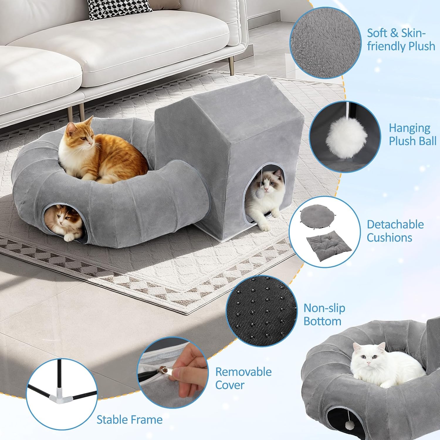 Pawaboo Cat Tunnel Bed, Cat Donut Tube with Square House, Soft Plush Cats Cave Tunnels with Washable Cushions, Foldable Kitten Bed Hideout with Fluffy Balls for Indoor Cats Rabbit Ferret, Dark Gray