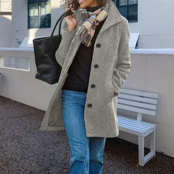 Women's Long Coats Single Breasted Pea Coat Winter Casual Blazer Jacket Trench Coat Light Gray M