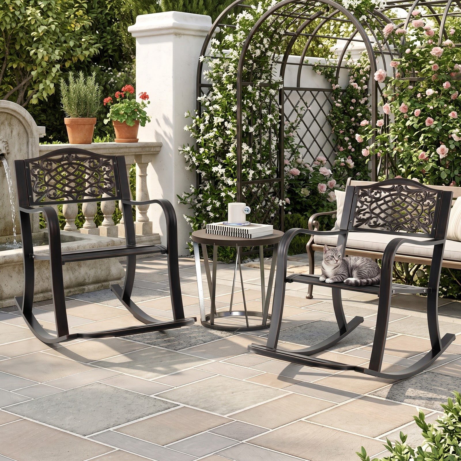 Furnibear Patio Rocking Chair with Cast Aluminum Frame, Floral Backrest and Curved Armrests for Backyard and Porch, Brown