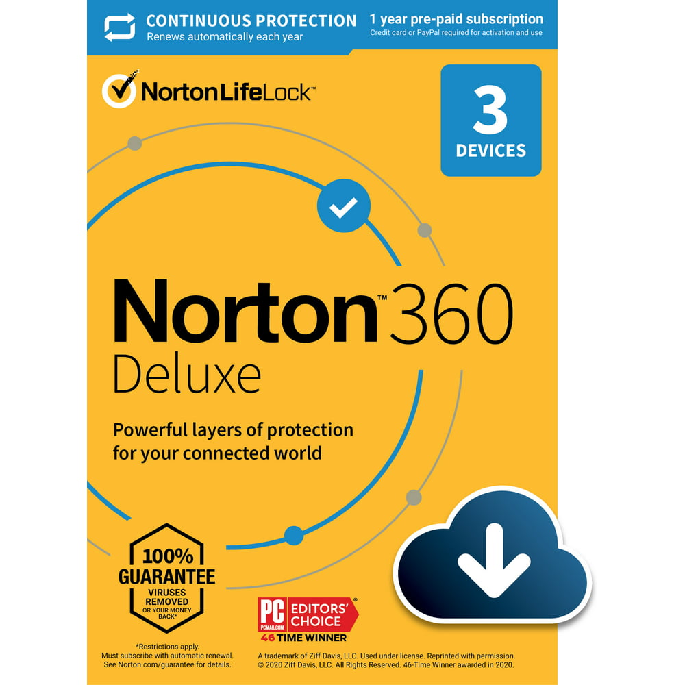 Norton 360 Deluxe, Antivirus, 3 Devices, 1 Year with Auto Renewal, PC
