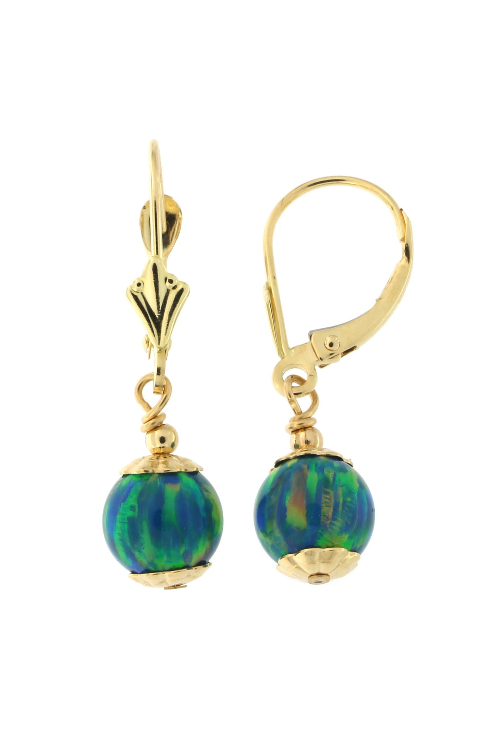 14k Yellow Gold 7mm Simulated Opal Leverback Dangle Earrings by