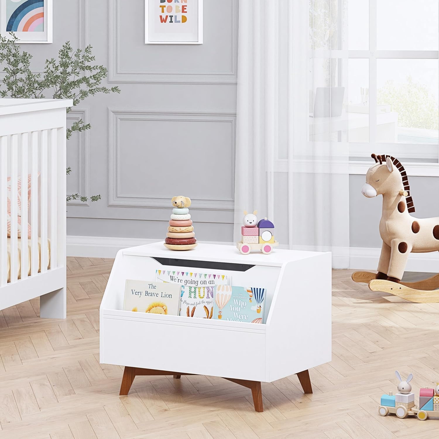 Kids Toy Box with Bookshelf Storage Organizer  for Boys and Girls, White Wooden Toy Chest with Safety Lid and Front Book Rack for Playroom Bedroom