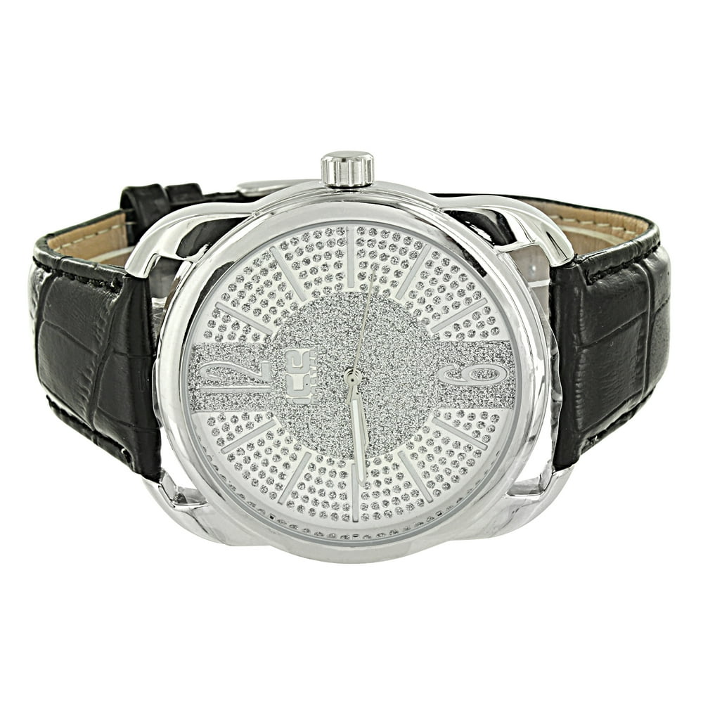 Master Of Bling Silver Tone Mens Watch Black Leather Strap Analog