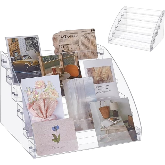 Exhibidor de tarjetas de felicitación de acrílico de 6 niveles, portátil, organizador de pegatinas, sellos, postales y tarjetas de felicitación navideñas.