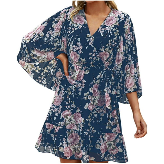 Robes Décontractées Aujourd'hui en Promotion! Aqestyerly Robe Décontractée à Manches Longues Imprimé Floral Col en V pour Femmes