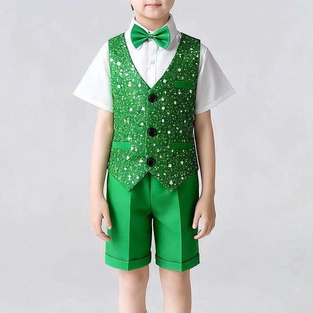 Conjuntos de solapa de manga corta CUHK Conjunto de pantalones cortos de manga corta para niños Conjunto de tres piezas con lentejuelas Traje de rendimiento para niños Chaqueta de traje Tops de poliés