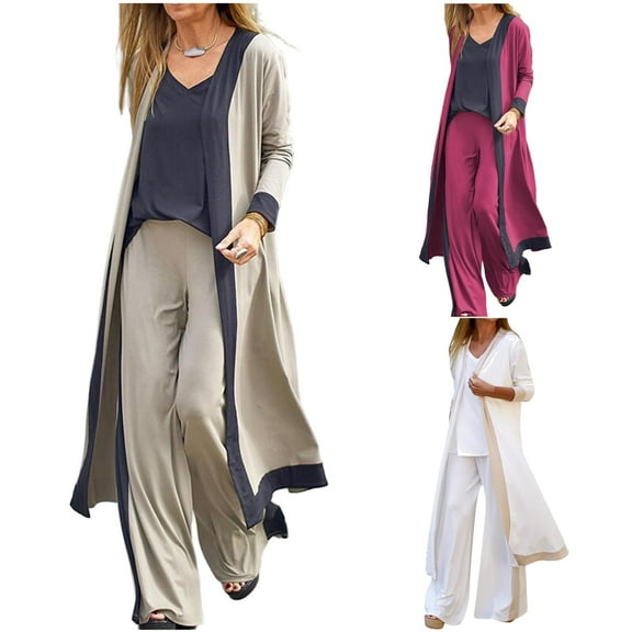 Yeaiivve Women's Casual 3 Piece Outfits V Neck Vest Cardigan and Wide Leg Long Pants Sets loungewear Suit White M