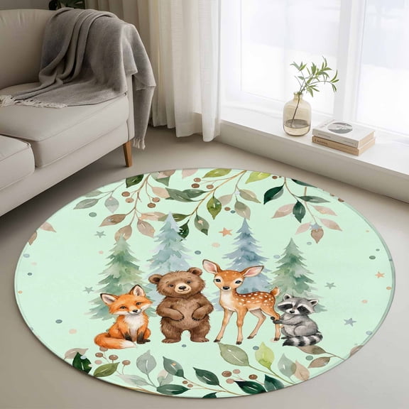 Sage Green Eucalyptus Leaves Round Area Rug 3Ft Washable Small Circle Rugs for Kitchen Entryway, Summer Botanical Animals Watercolor Non-Slip Carpet Floor Mats Indoor Outdoor Carpet Runner Home Decor