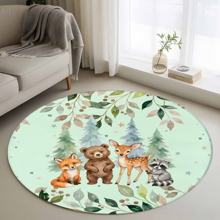 3ft Washable Round Rug Children s Day Non-Slip Circle Area Rug for Bedroom Bedside Cartoon Animal Elephant Zebras Fox Giraffe Leaf Tree Green Soft Indoor Floor Mat for Home Decor