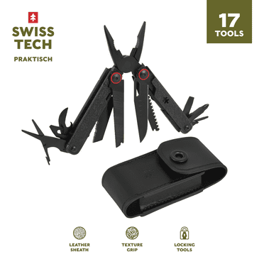 Swiss Tech Praktisch Aus-8 Steel 17-in-1 Folding Multi Tool with Leather Sheath, Multi-Function