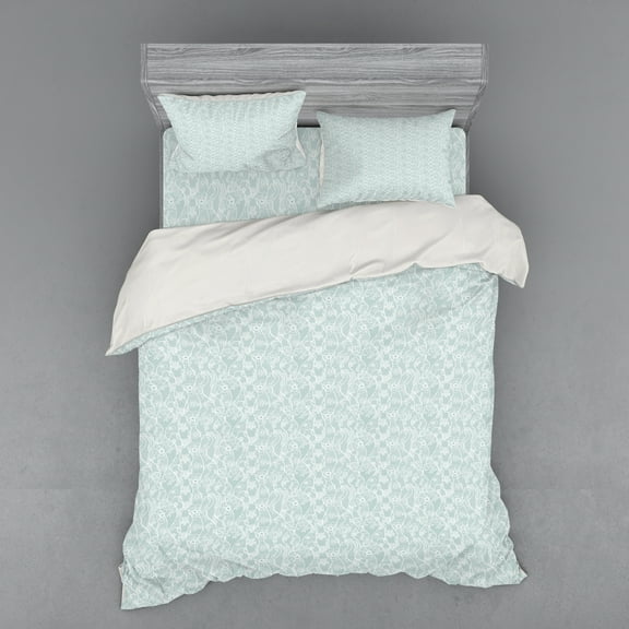 Ambesonne Vintage Bedding Set 4 Pcs, Floral Lace Pattern, Queen, Seafoam and White