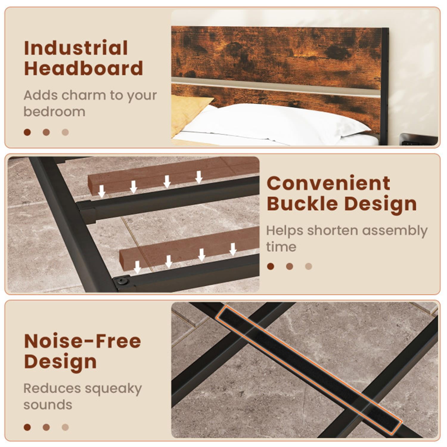 Demi Bonn Full Size Bed Frame with Wooden Headboard and Footboard, Modern Metal Platform Bed Frame with Under Bed Storage, No Box Spring Needed, Brown