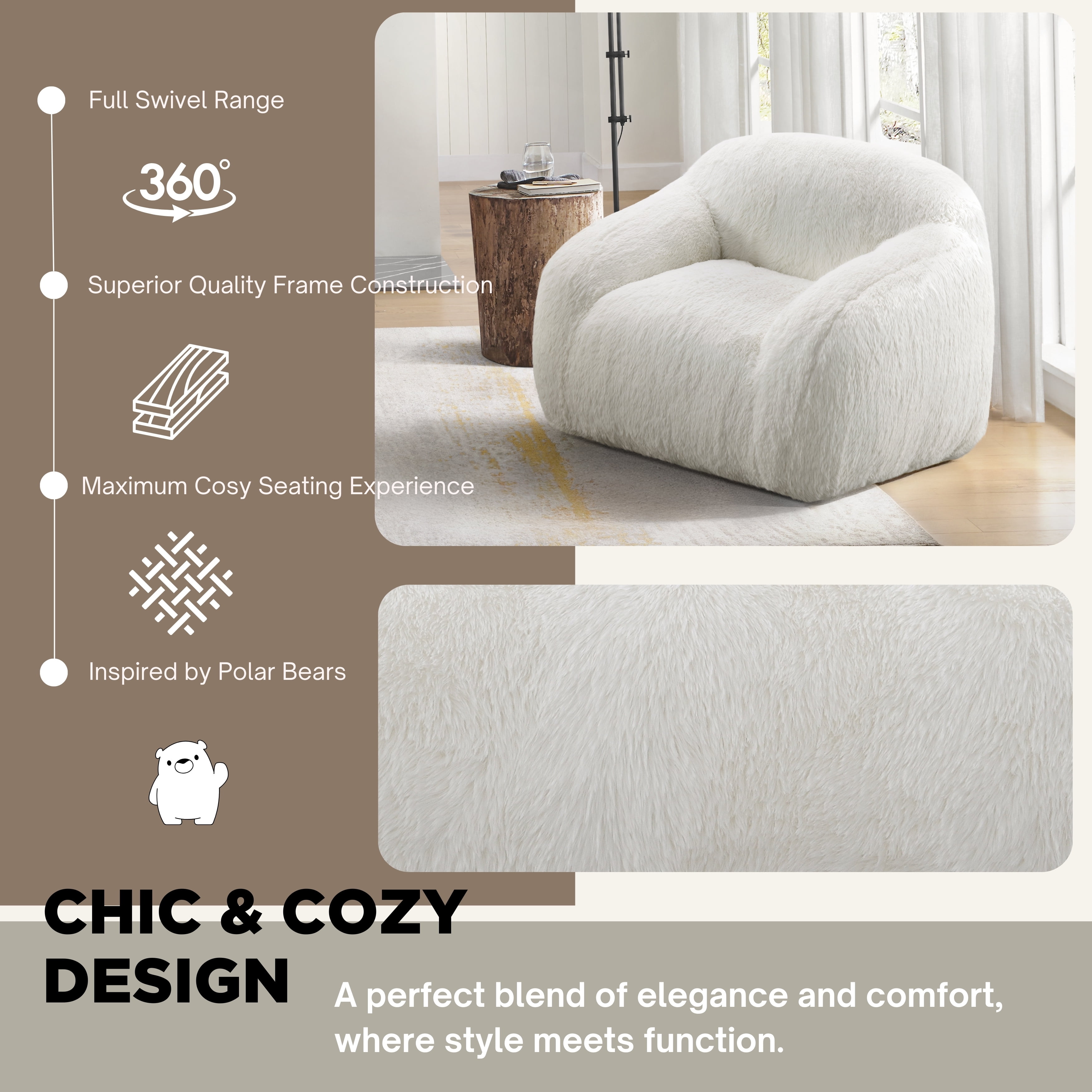 Roundhill Furniture Adell Polar Bear Faux Fur Swivel Cuddle Chair, Ivory White