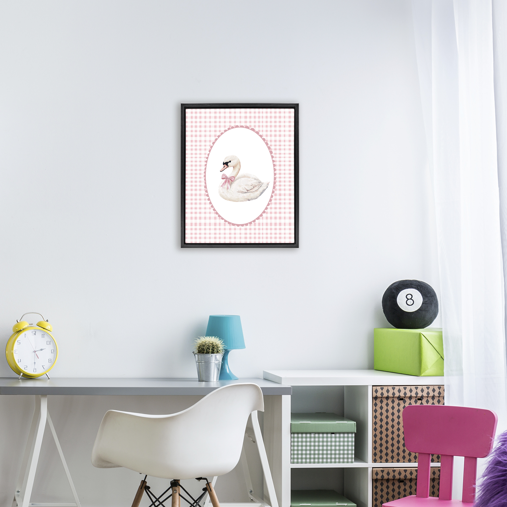 Gentle Swan on Pink Checkered Black Framed Floater Canvas Wall Art, design by Christine Simpson Art