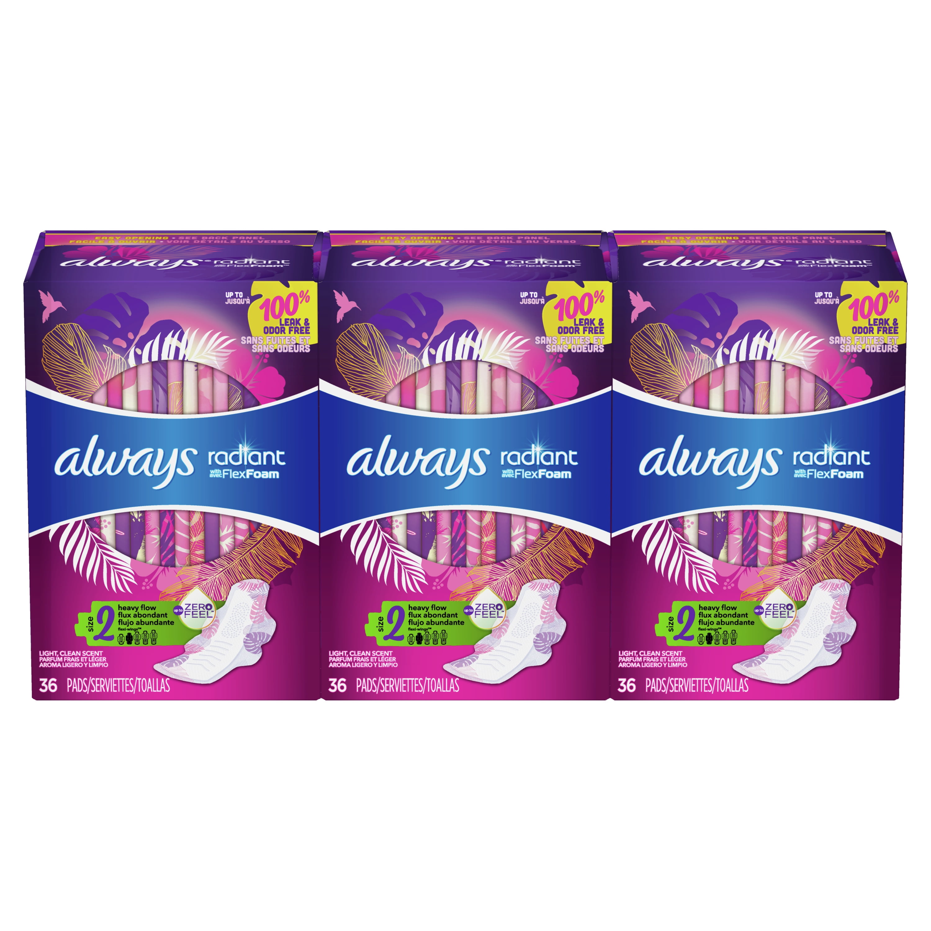 Always Radiant Feminine Pads with Wings, Size 2, Heavy Absorbency