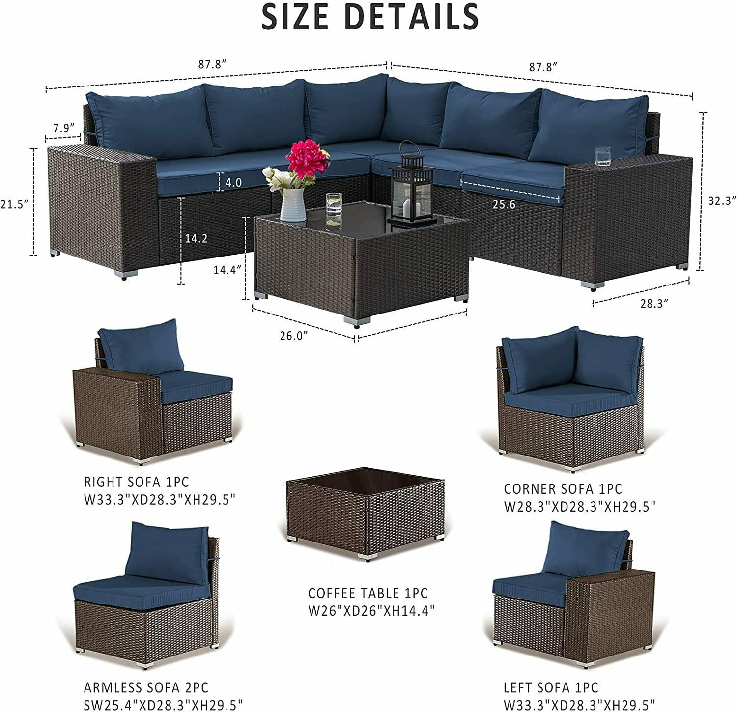 Gotland Outdoor Patio Furniture Set 6 Piece Sectional Rattan Sofa Set Rattan Wicker Patio Conversation Set with 5 Seat Cushions and 1 Tempered Glass Table, Dark Blue