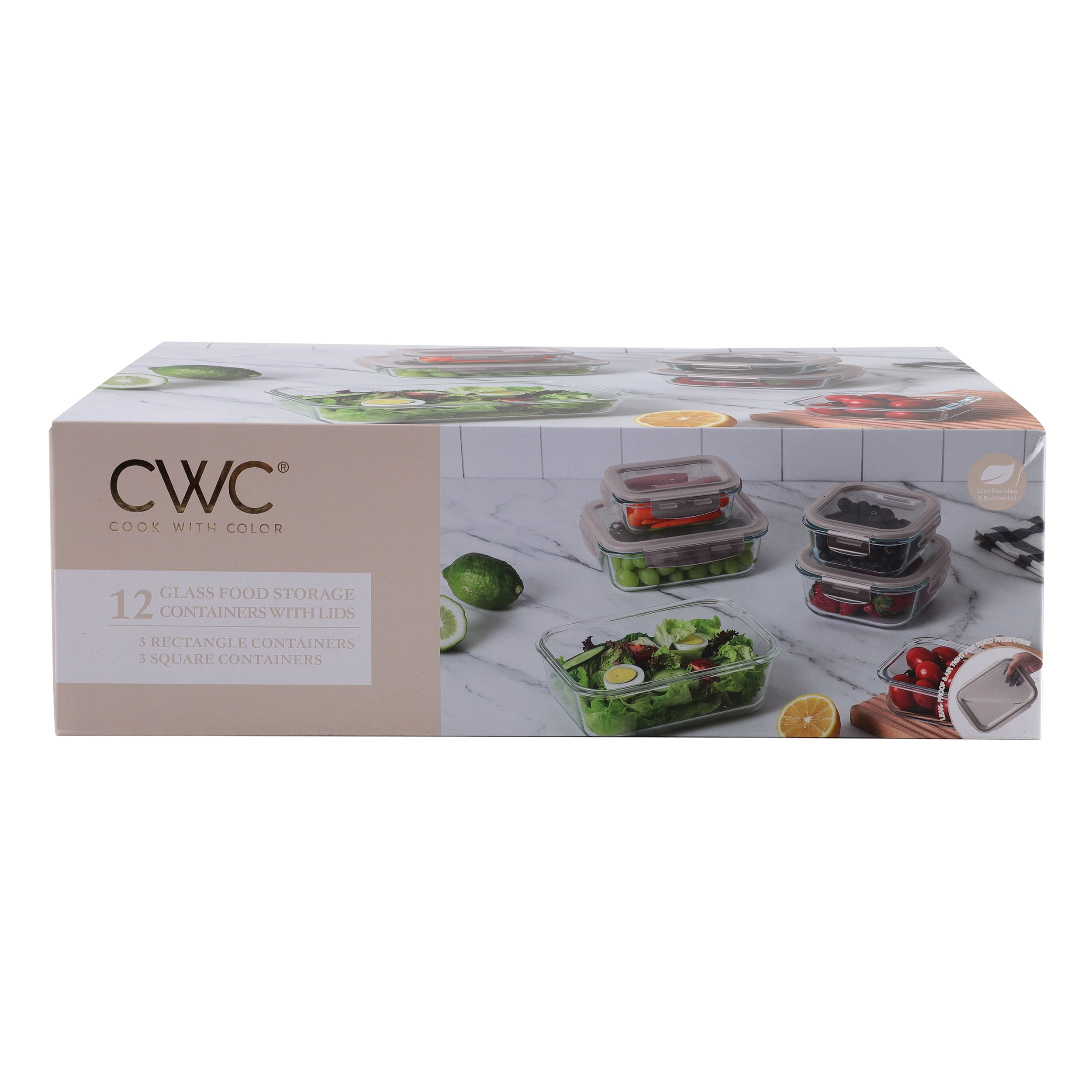 Cook with Color 12-Piece Glass Food Storage Container Set with Lids, Airtight & Leakproof, Taupe
