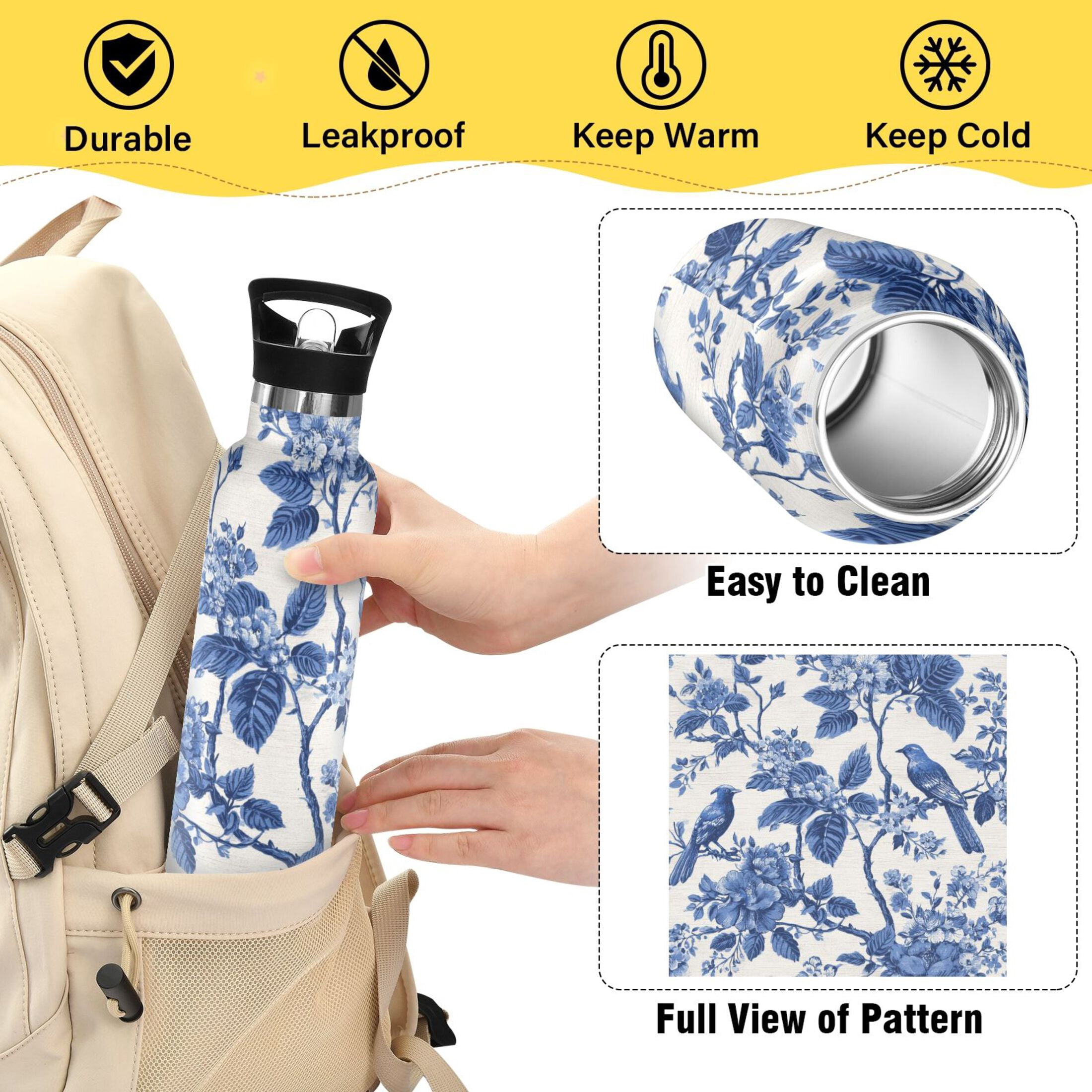 Kids Insulated Stainless Steel Sports Water Bottle 600ml (20oz) Blue Flowers and Birds