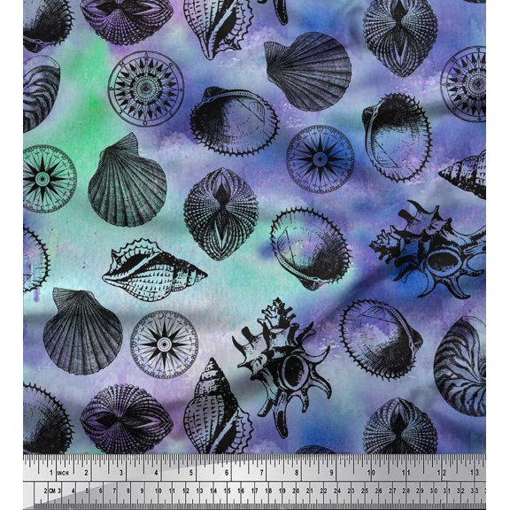 Soimoi Polyester Crepe Fabric Direction Compass & Seashell Ocean Print Sewing Fabric Yard 52 Inch Wide