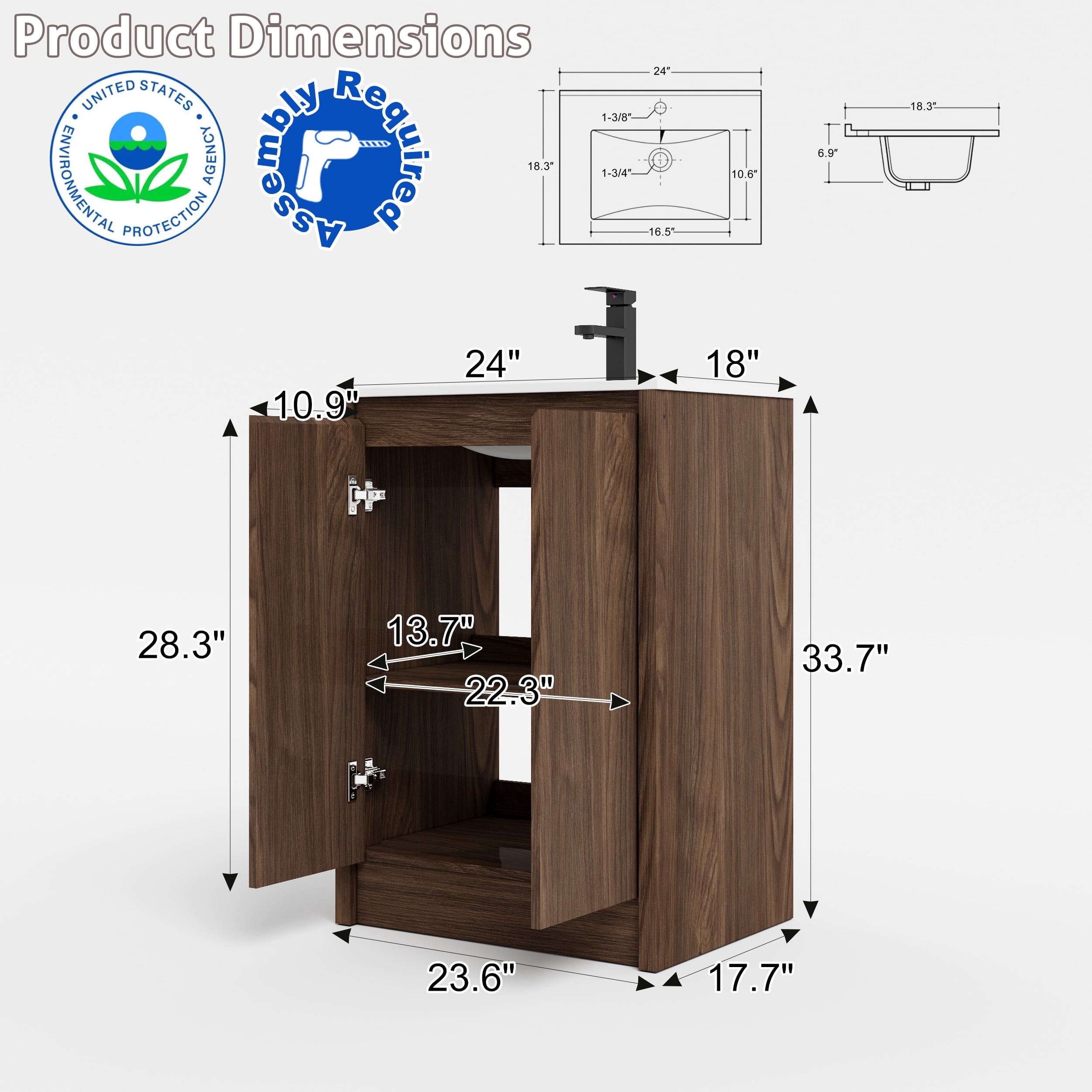 24" Wood Bathroom Vanity Set with Sink Top, Faucet and Drain, Without Mirror
