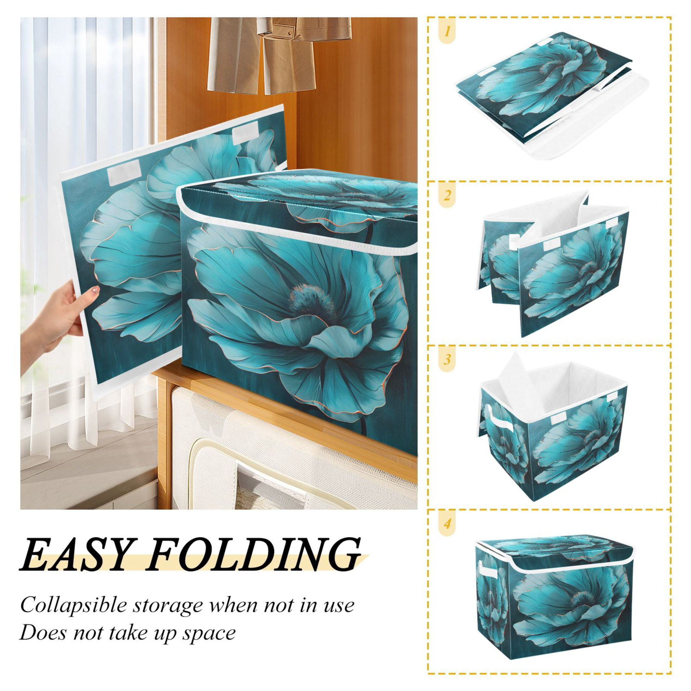 Ryvnso Teal Flower Large Lidded Foldable Storage Baskets Cubes Boxes Lids Bin for Home