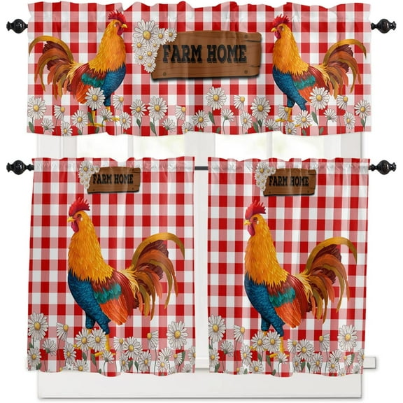 3 Piece Farm Rooster Daisy Flower Kitchen Curtains, Tier and Valance Rod Pocket Window Curtains Set Red White Grid Check Cafe Curtains for Kitchen Valances Window Treatment 54X18in 27x24in×2