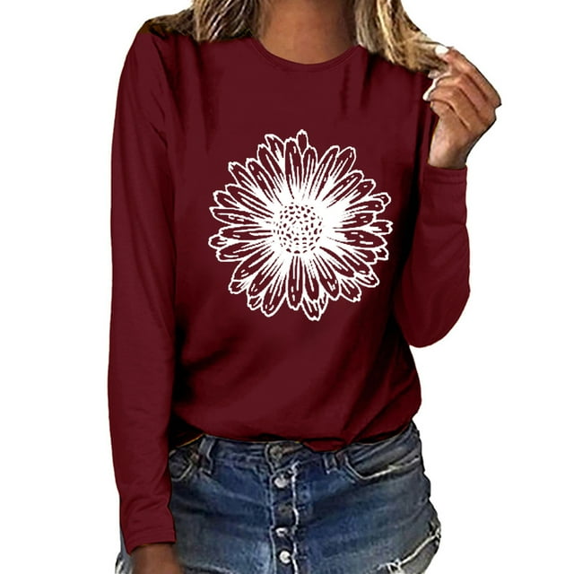 Qertyioot Plus Size Tops for Womens,Women Casual Long Sleeve Daisy Sweatshirt Pullover Blouse