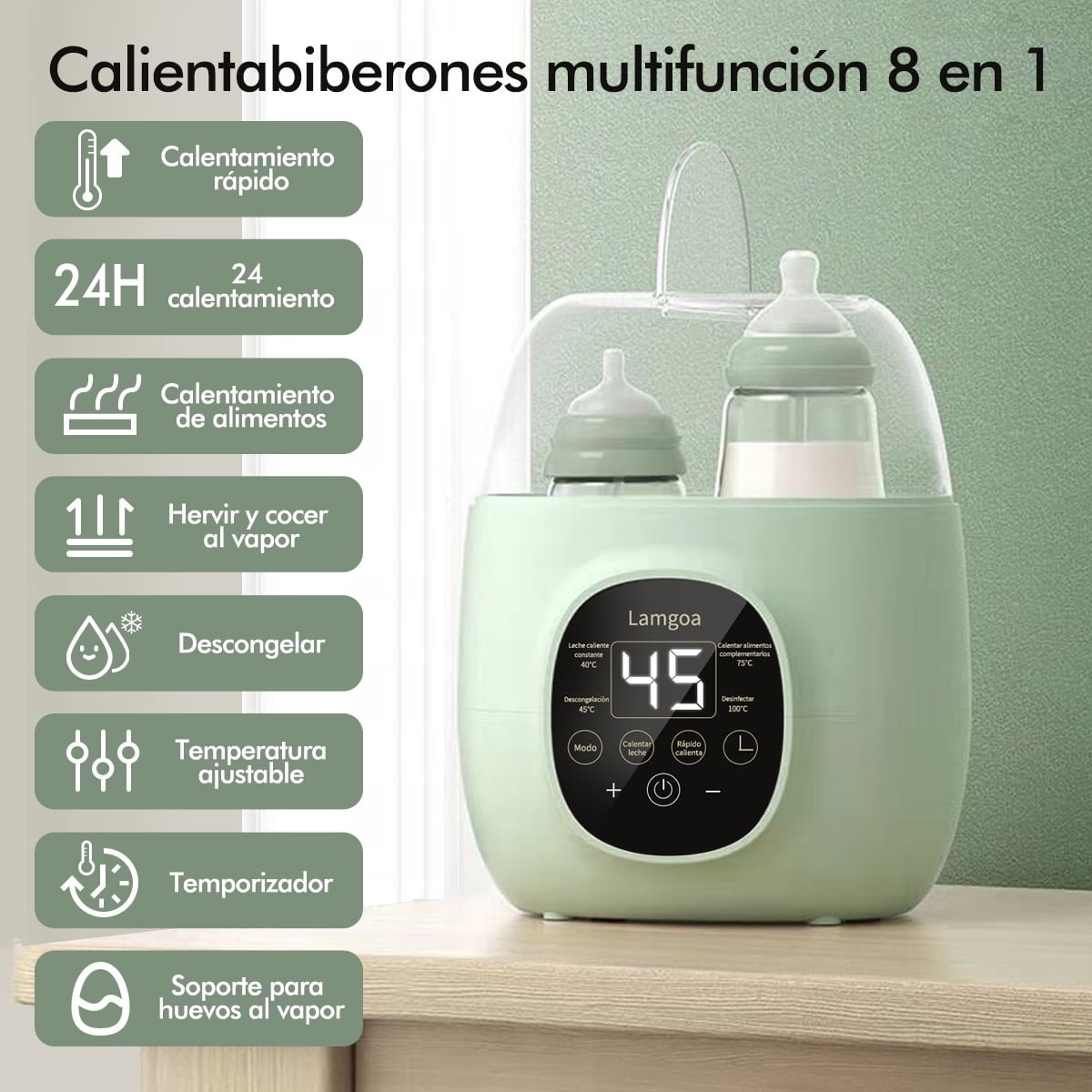 Baby Bottle Warmer, Bottle Sterilizer, 7-in-1 Fast Bottle Warmer Food Heater & Defros, Green
