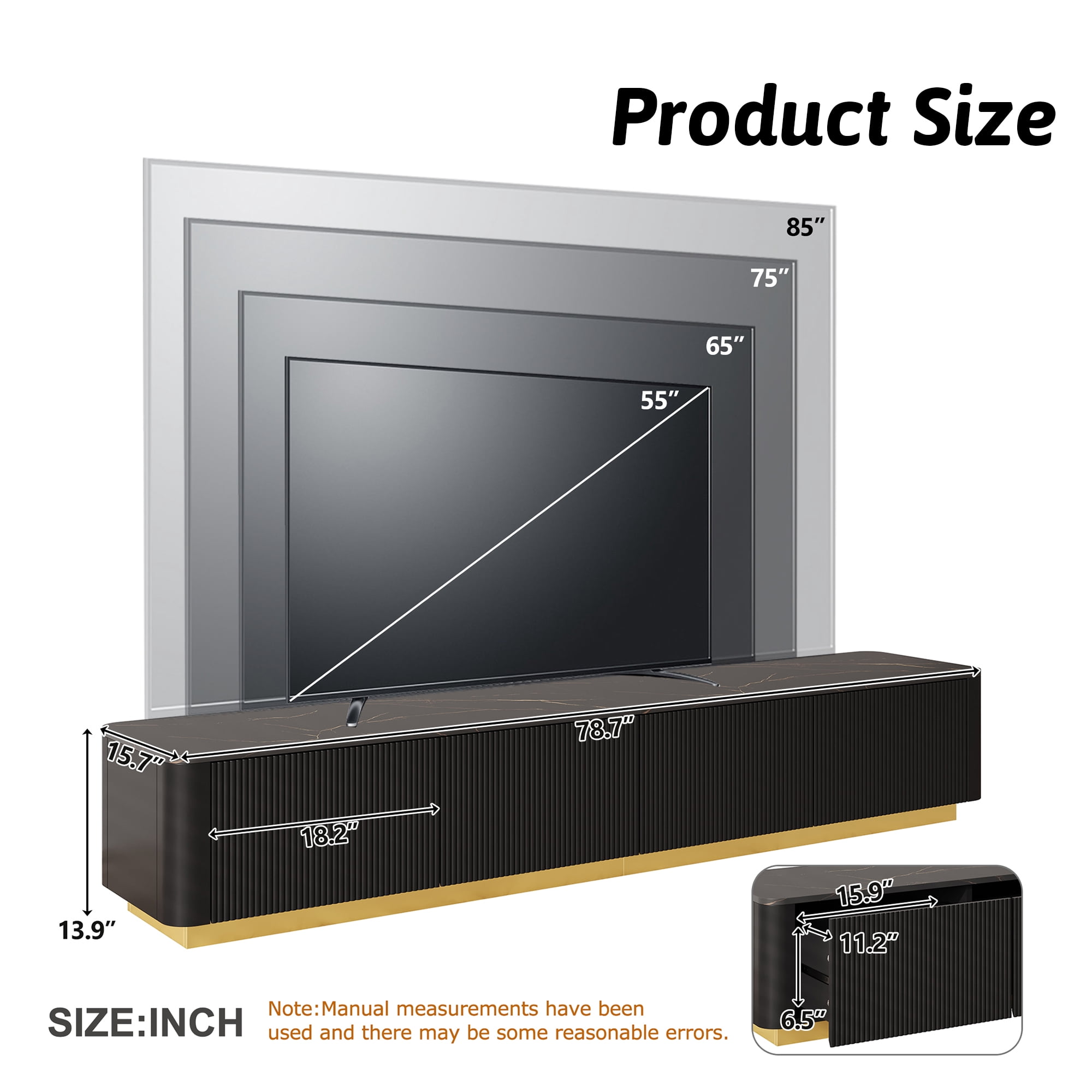 HIUU Fluted TVs Console with Storage for TVs Up to 85",Luxury TV Stand with Faux Marble Table Top,Marble TV Stand Modern,Black Entertainment Center with Gold Base