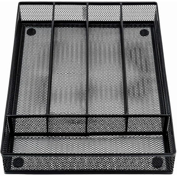 Cutlery Organiser, 5 Compartments Cutlery Tray, Black Steel Mesh Organiser for Kitchen Drawer, Anti-Slip Utensil Trays for Knife Fork Spoons (Metal Bl