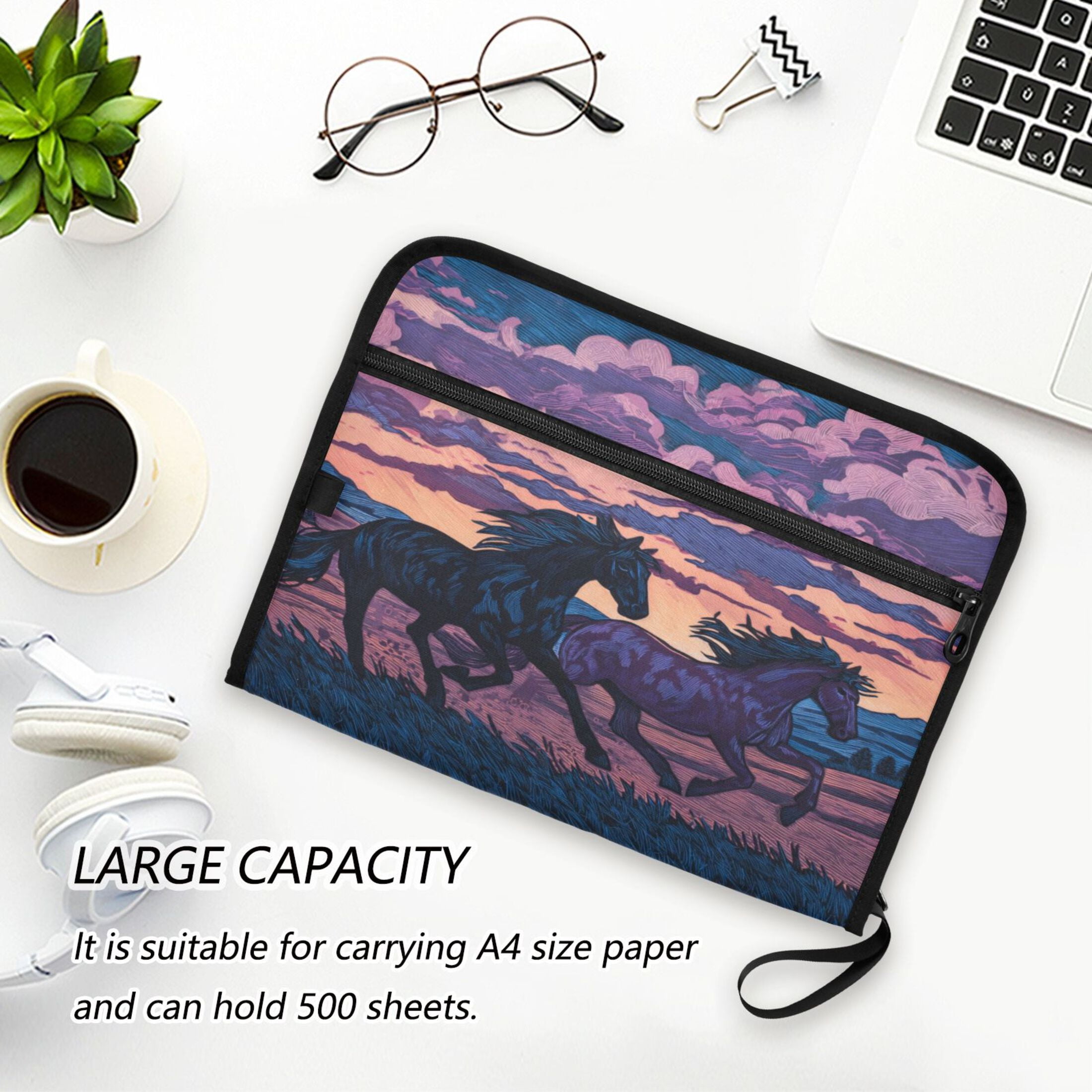 Accordion File Organizer with Zip Closure 13 Pockets Expanding File Folder Letter A4 Paper Document Organizer for Home Office Wild Horses Running