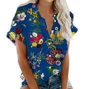 LTTVQM Womens Short Sleeve Blouses Lightweight Button Down Shirts V Neck Blouses Casual Roll Up Collared Tops with Pocket Blue S