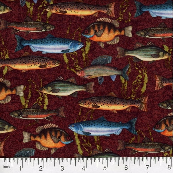 Good Catch Fishing Burgundy Cotton Fabric (1 yard)