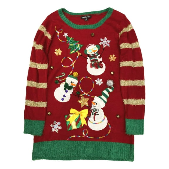 Womens Red Sequin Snowman Long Tunic Style Christmas Holiday Sweater X-Large