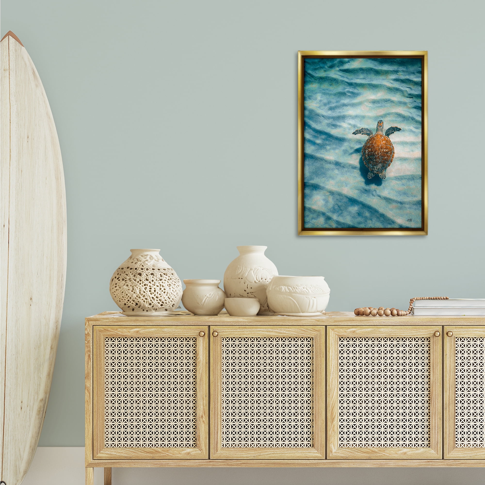 Stupell Industries Turtle Along Rippling Sand Animals Photography Gold Floater Framed Canvas Art Print Wall Art, 21 x 31