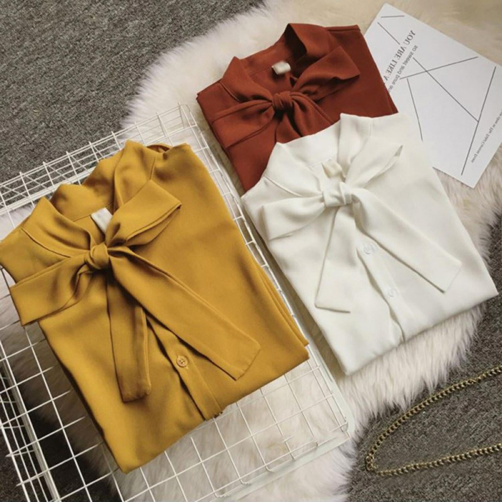 Zonghan Women Solid Bow Tie Ruffles Chiffon Shirts Long