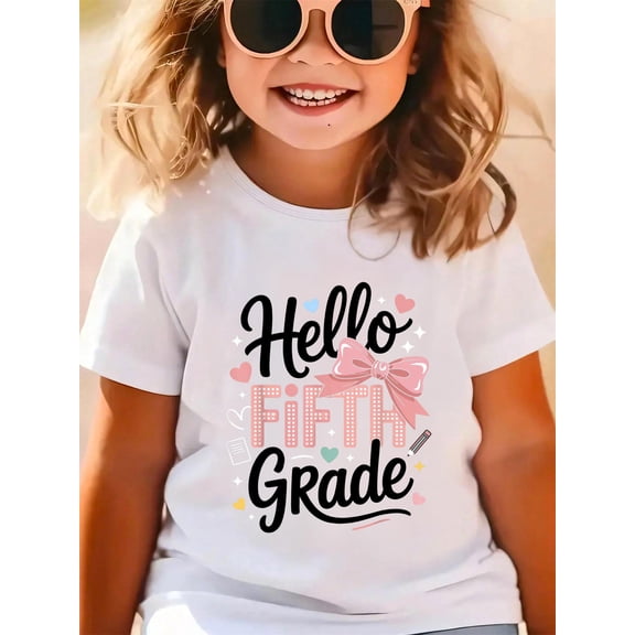 Hello Fifth Grade First Day of School Coquette Bow Teacher Kids Cotton Soft Playwear Graphic T-Shirt