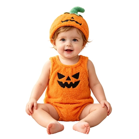 CAIXIA Baby Girl Halloween Outfit 2Pcs Pumpkin Bodysuit Romper Onesie Jumpsuit Hat Clothes Holiday Dress Up Set