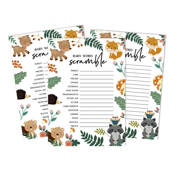 Inkdotpot 50-PackBaby WordScrambleBaby ShowerGame Cards Gender Neutral Floral & Animals Party Supplies-Fun Baby Shower Game Favors