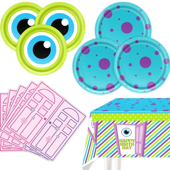 41pcs Monster Theme Birthday Party Supplies Set, Disposable Paper Plates Napkins Tablecloth, Cute Monster Eyeball Door Pattern Table Decor Kit for Kids Birthday Party