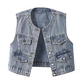 thumbnail image 2 of Women's Denim Vest Vintage Croppped Waistcoat V-Neck Jean Gilet Botton Vest Blue XXXXL, 2 of 7