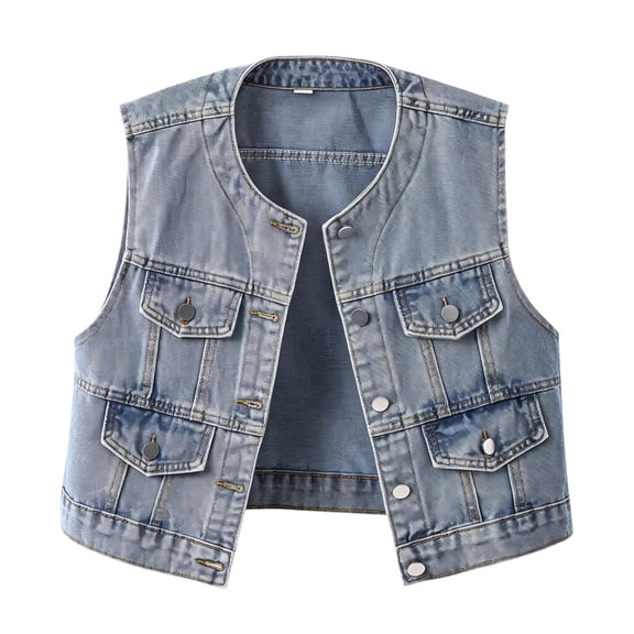 Inleife Women Round Collar Sleeveless Cropped Denim Vest, Button Down Multi Flap Pocket Washed Jean Waistcoat, Vintage Casual Streetwear Sleeveless Outer Layer Jacket