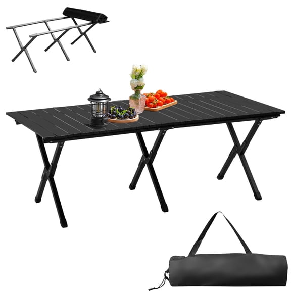 Alvantor Folding Camping Table,Portable Carbon Steel Roll-Up Picnic Table with Storage Bag for Camping Hiking BBQ Beach,Black,46 x 24 x 17 in